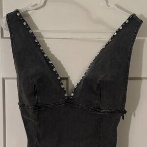Denim Studded V Neck Mini Dress, US Size 2 - by Nasty Gal